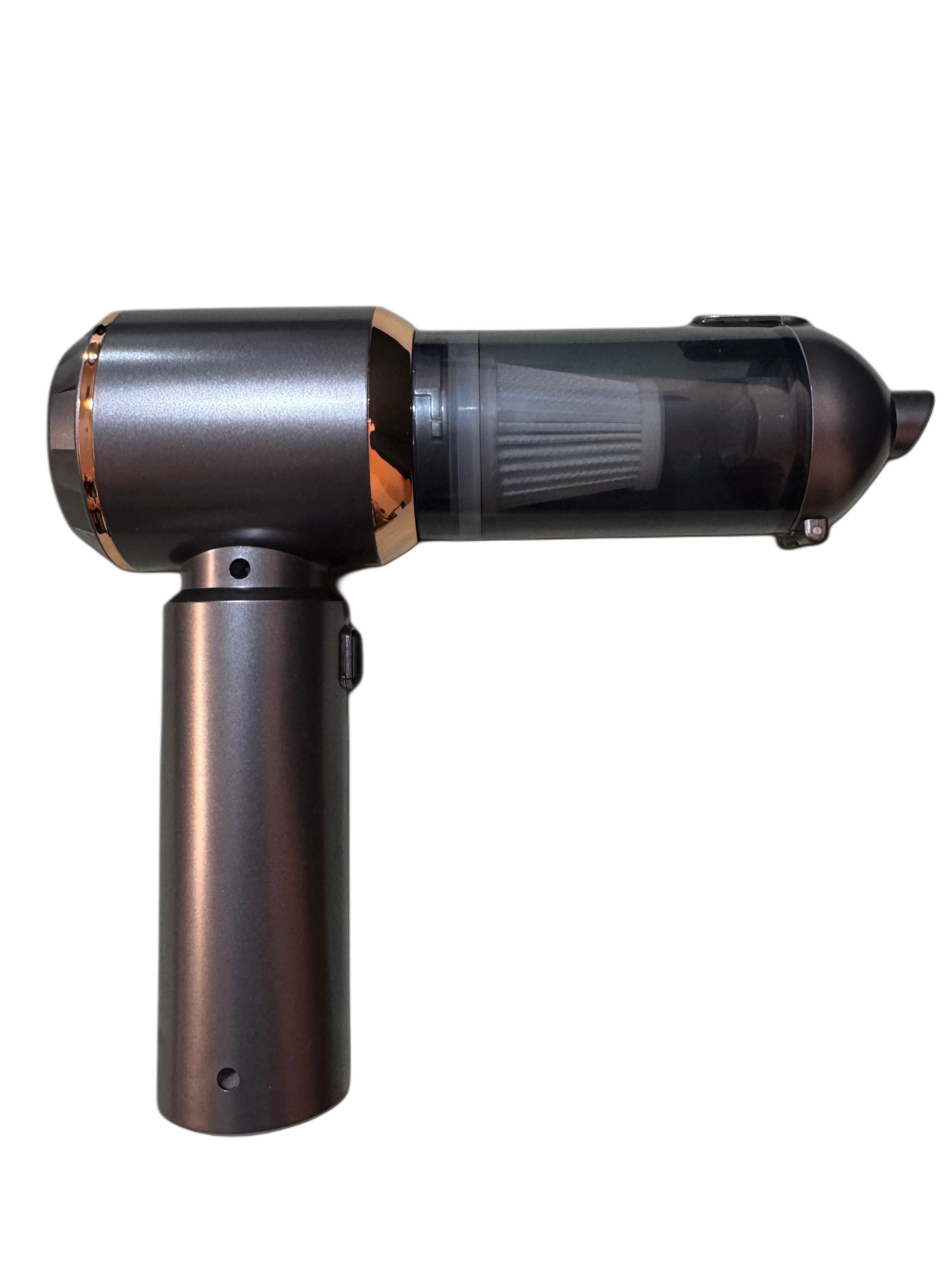 A compact black, grey, and copper cordless handheld vacuum with a sleek cylindrical design, shown upright with its main nozzle attached.
