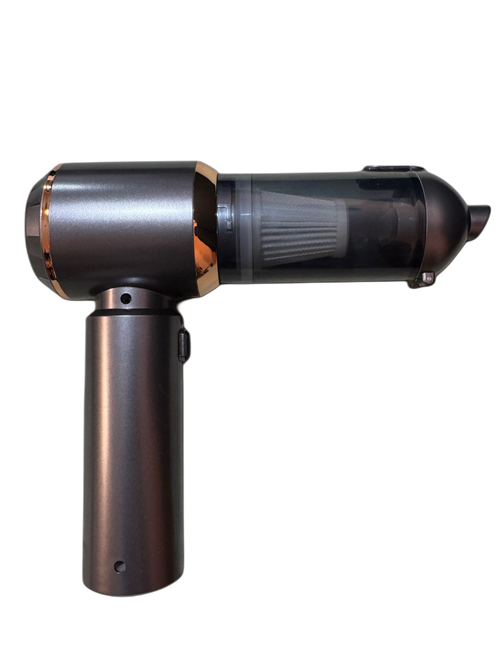 A compact black, grey, and copper cordless handheld vacuum with a sleek cylindrical design, shown upright with its main nozzle attached.