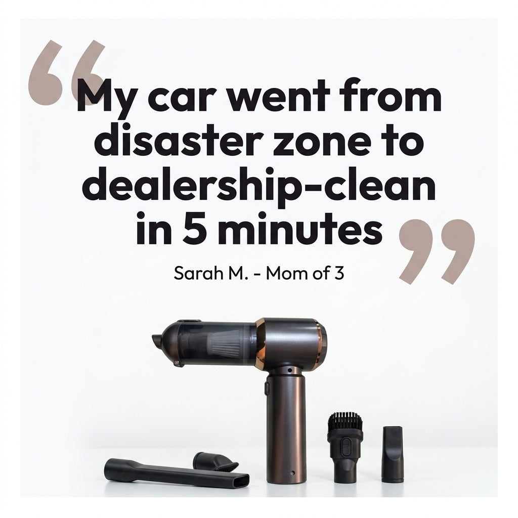 "My car went from disaster zone to dealership-clean in 5 minutes" Sarah M. - Mom of 3