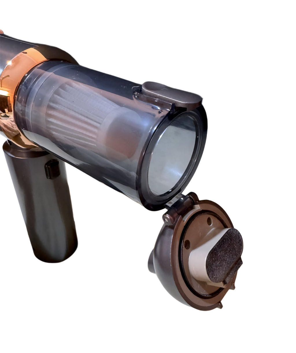 A demonstration of the vacuum’s one-click dust cup removal, with the dust container detached from the main body.